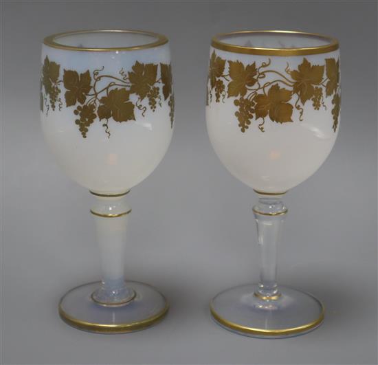 A near pair of Sevres opaline glass wine goblets height 18.5cm